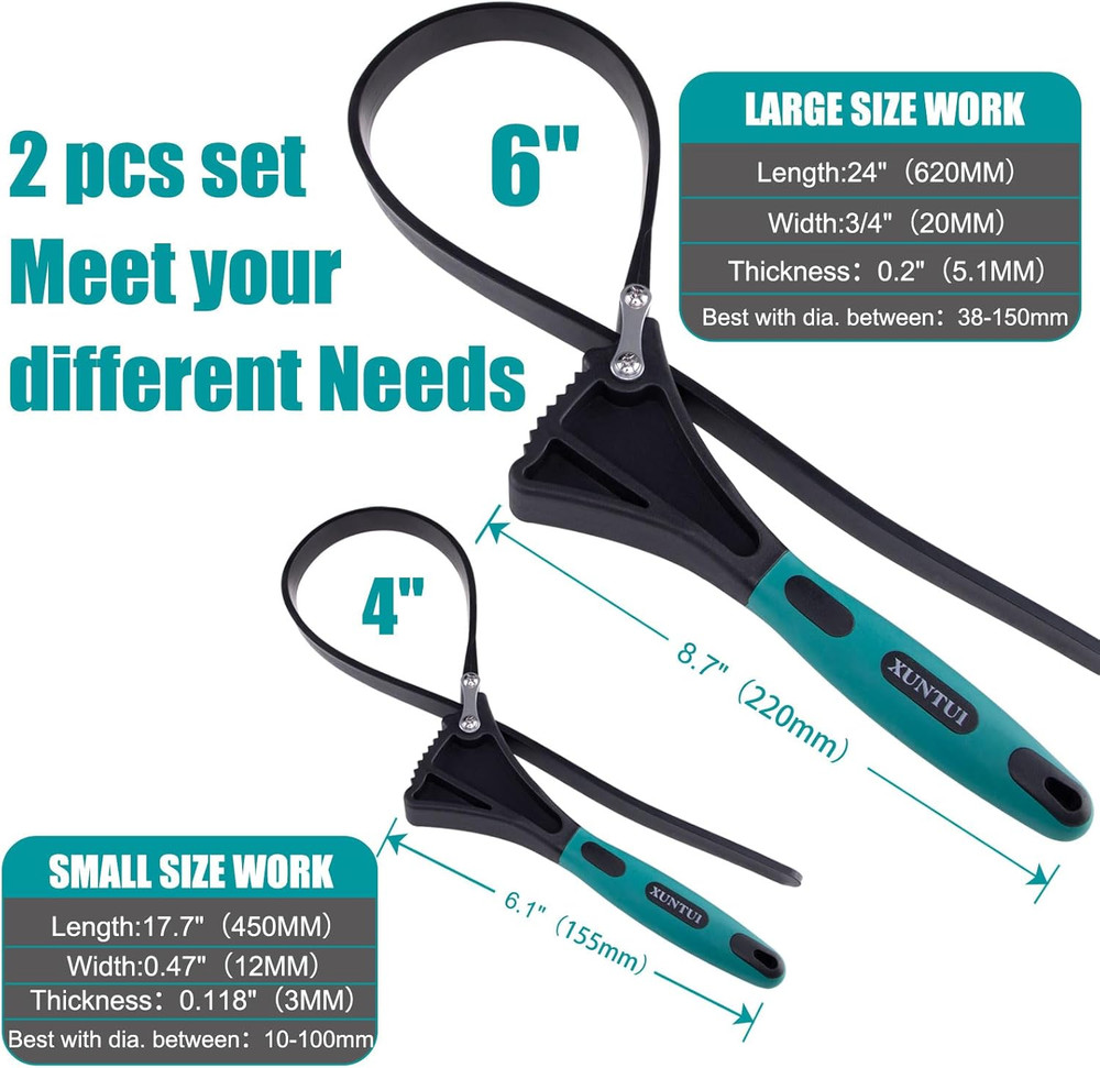 Strap Wrench Set with 8 Silicone Cable Ties - 2 Pack (4" & 6") for Adjustable Oi