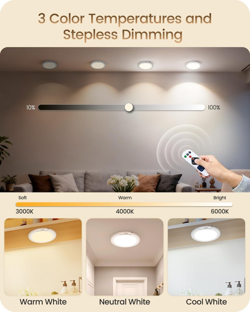 Rechargeable Motion Sensor Ceiling Light with 1 Pack, 3 Color Temperatures