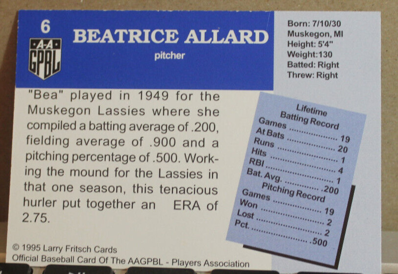 AAGPBL "BEA ALLARD" SIGNED CARD #6