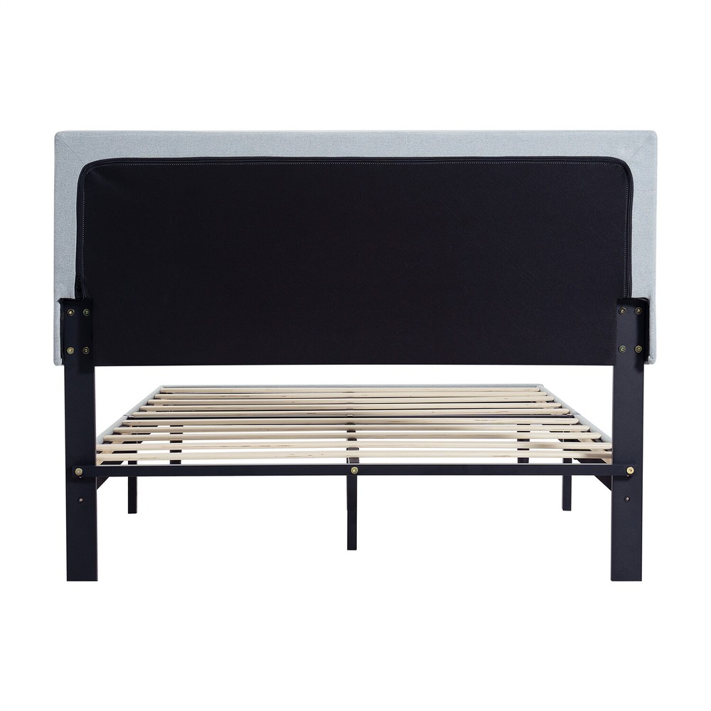 Twin Size Bed Frame Upholstered Platform Bed w/ Headboard Light Gray/Dark Gray
