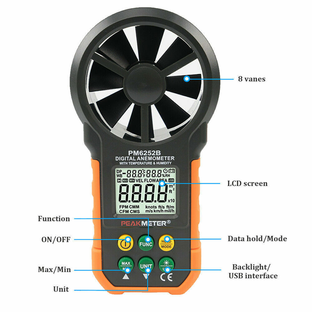 PM6252B Digital Anemometer Wind Speed Meter Air Flow Wind Humidity Temperature