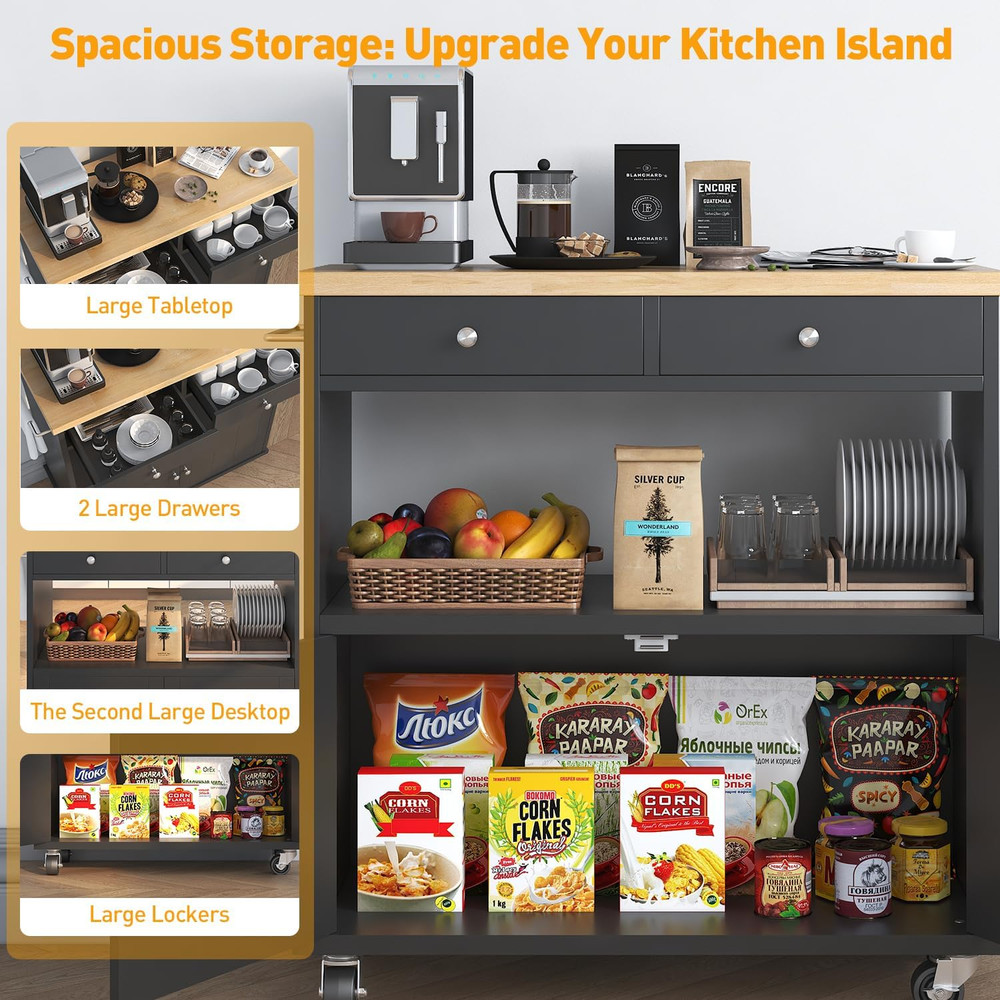 Portable Rolling Kitchen Island with Storage, 2 Drawers & Lockable Wheels
