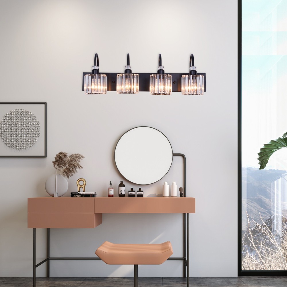 31.5" 4-Light Black Crystal Vanity Light, E26 Base, Iron Frame, , No Bulbs