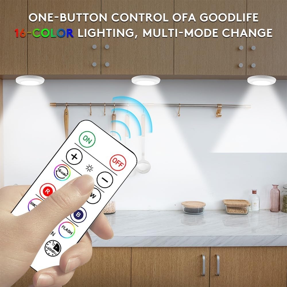 Multicolor LED Puck Lights - 6 Pack with Dimmable Functions & Adhesive Mounting