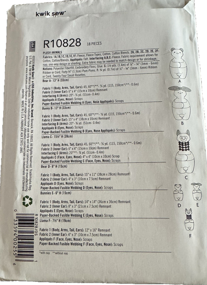 Kwik Sew pattern R10828 Plush Animals uncut