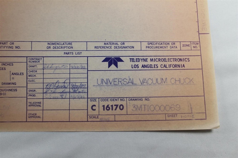 Teledyne Microelectronics Universal Vacuum Chuck 1982 Blueprint