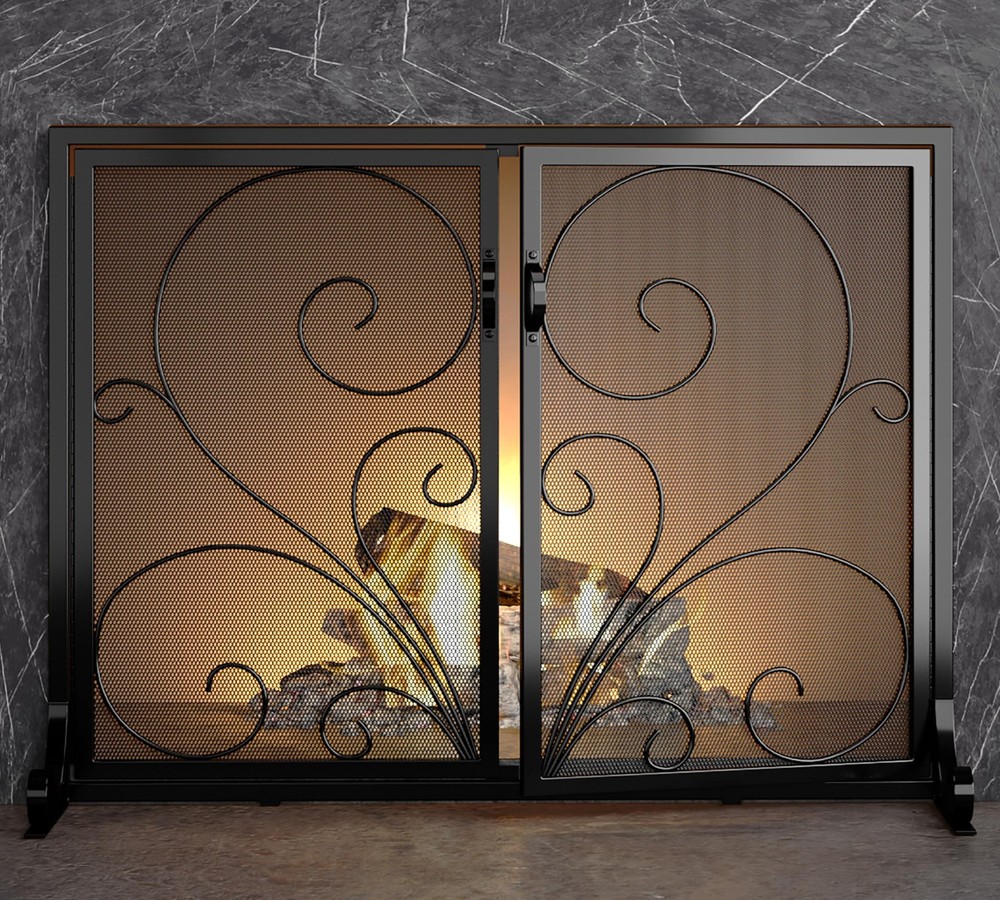 Flat Fireplace Screen with Doors,Solid Wrought Iron Frame with Metal Mesh, Fl...