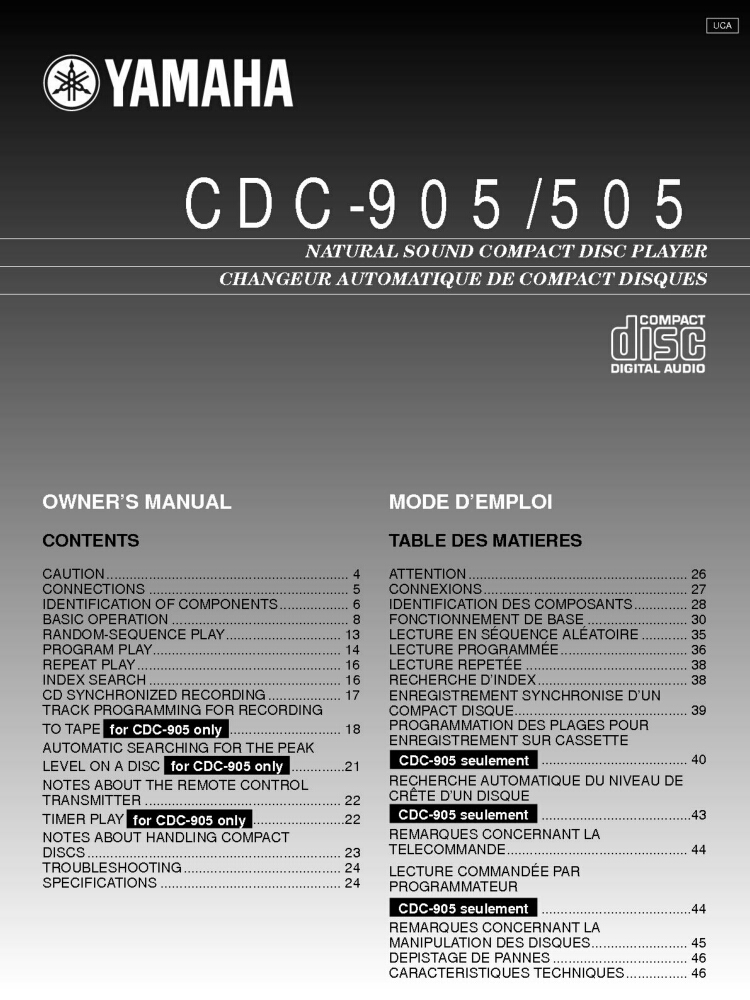 Yamaha CDC-505 CD Player Owners Manual