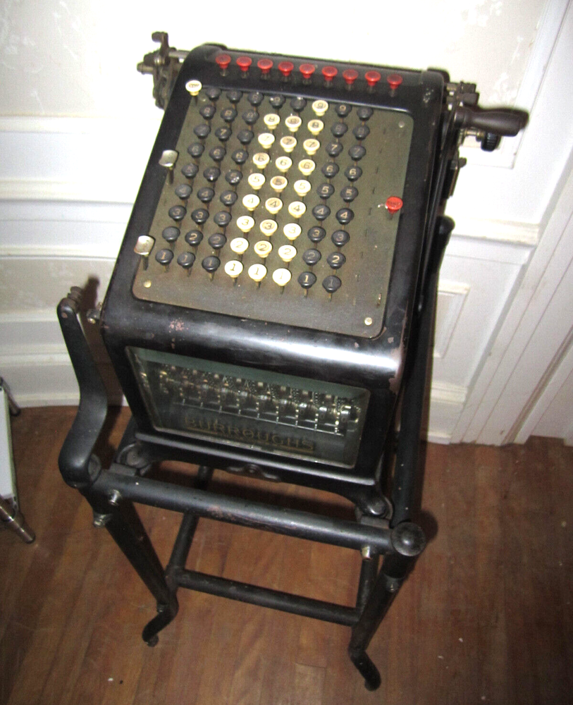 Antique Burroughs adding machine with beveled glass sides - with stand