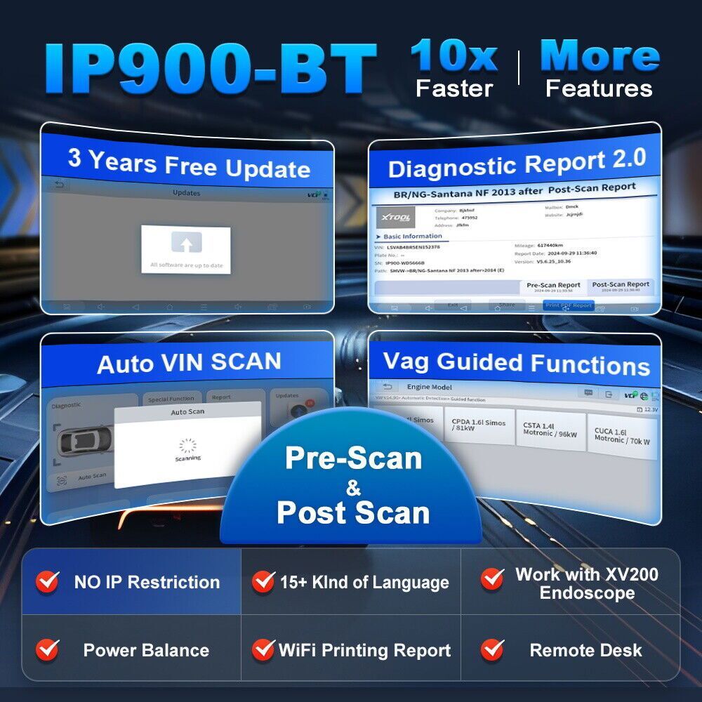 XTOOL IP900BT Wireless Car Diagnostic Scanner Tool CANFD & DOIP &FCA Active Test