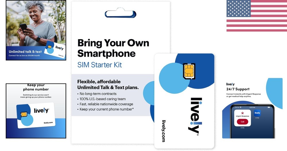 Lively e-SIM Kit: Unlimited Talk, Text & 1GB Data - Senior-Friendly Support