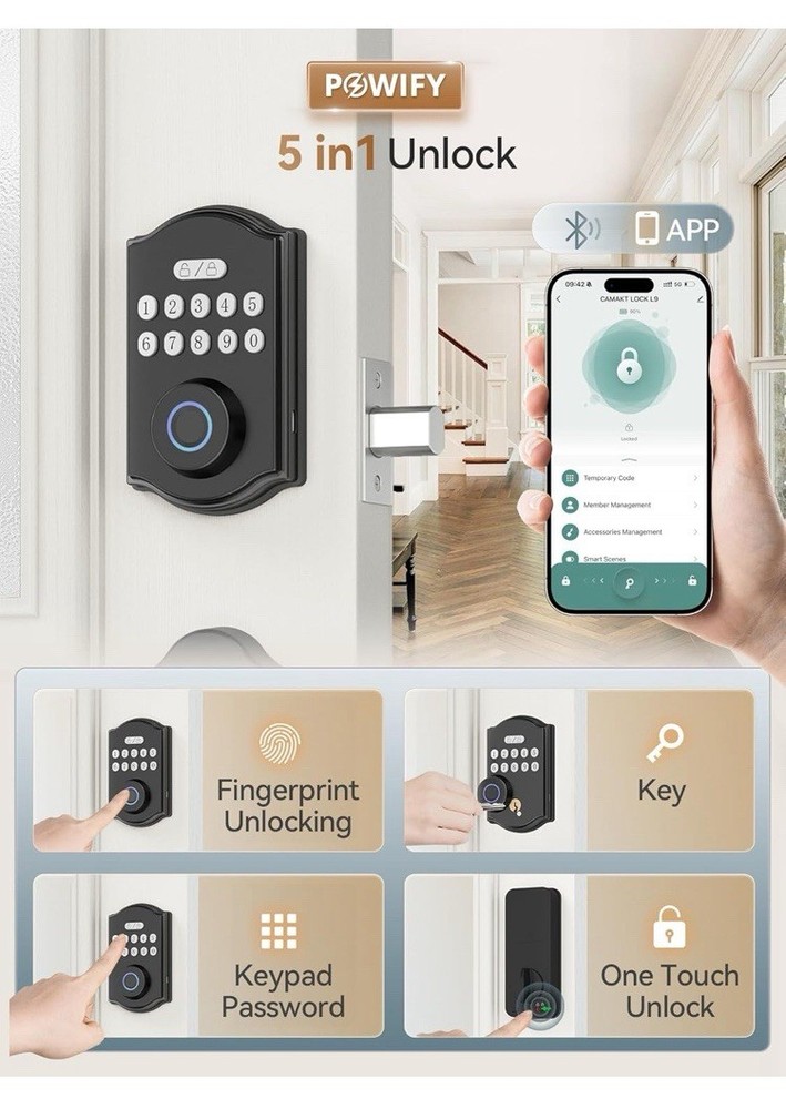 POWIFY Fingerprint Smart Front Door Lock w Handle Set Keyless Entry