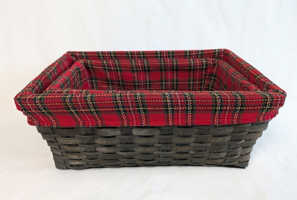 Split Reed Wicker Rectangle Nesting Baskets Holiday Plaid Fabric Lined Set Of 2