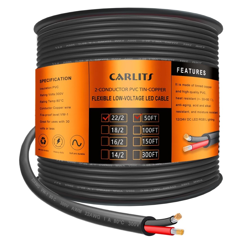 22 Gauge 2 Conductor Electrical Wire, 50FT Black Stranded Low Voltage 22/2 Ca...