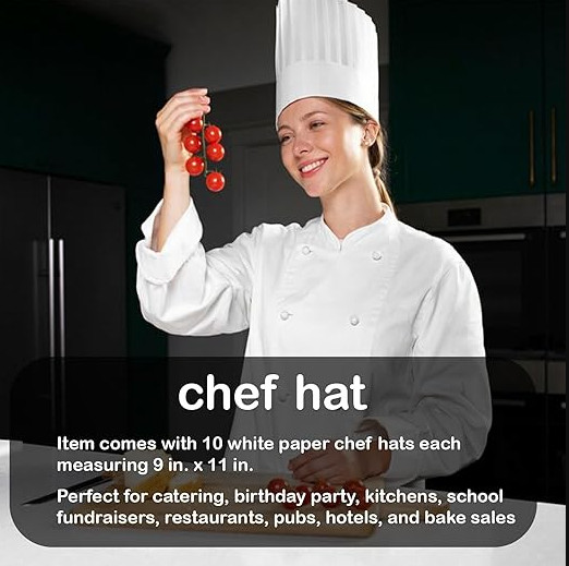 Tytroy Adjustable 9-Inch White Paper Tall Chef Hat, 10 Pack