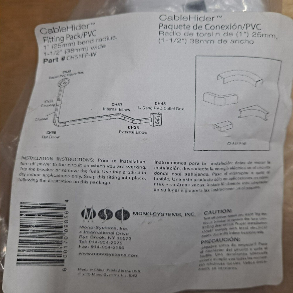 (2) Mono-Systems -CableHider 4-Pc Fitting Pack White Cord Cover CH51FP-W