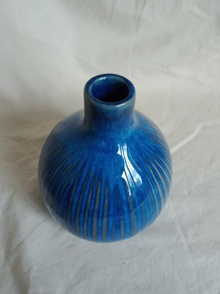 Vibrant, Unique Ceramic Bulb Vase, Blue with Grey Vertical Stripes. 