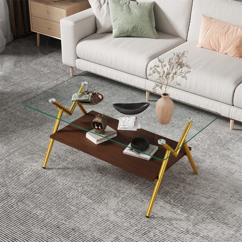 Tempered Glass Coffee Table Rectangular Coffee Table with Storage Shelf