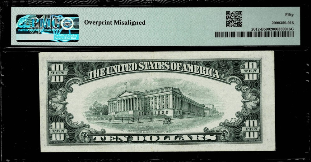 MISALIGNMENT ERROR $10 1950-B FR NOTE FR.#12012-B NEW YORK PMG AU50