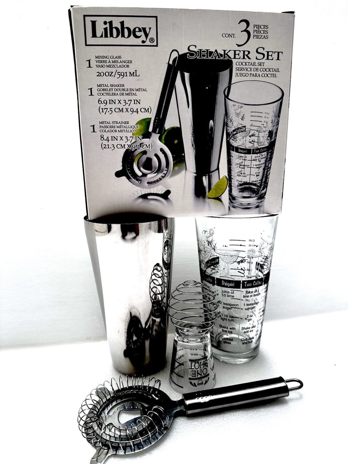 NEW 5 Pc Cocktail Shaker Kit Bar Mixing Recipe Glass Strainer Bartender Set