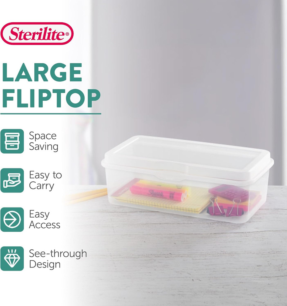 Sterilite 6-Pack Rectangular Large Fliptop, Clear Plastic Storage Box with Hinge