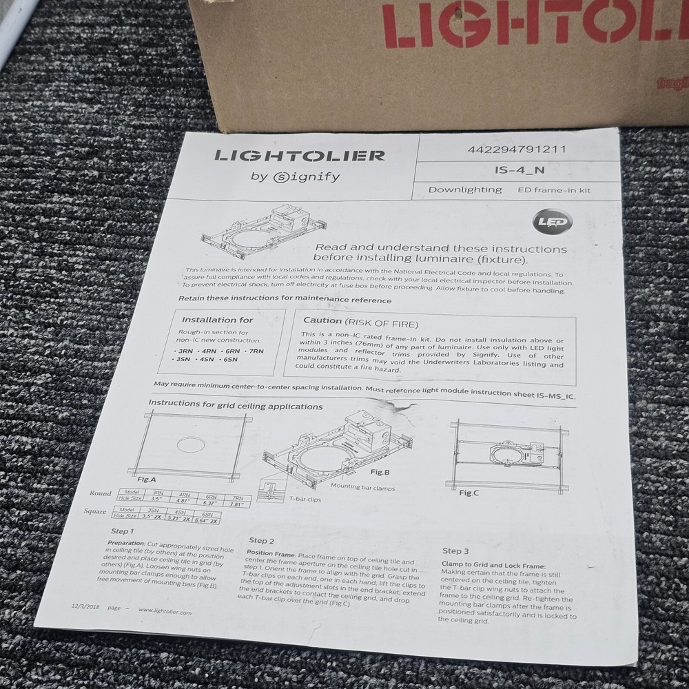 Lightolier 3RN 3" Downlight Frame Non-IC Round Construction UNV Replacement