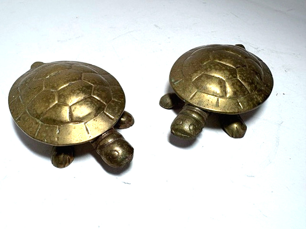 Two Vintage Brass Turtle Containers with Hinged Shell Lid Trinket Boxes