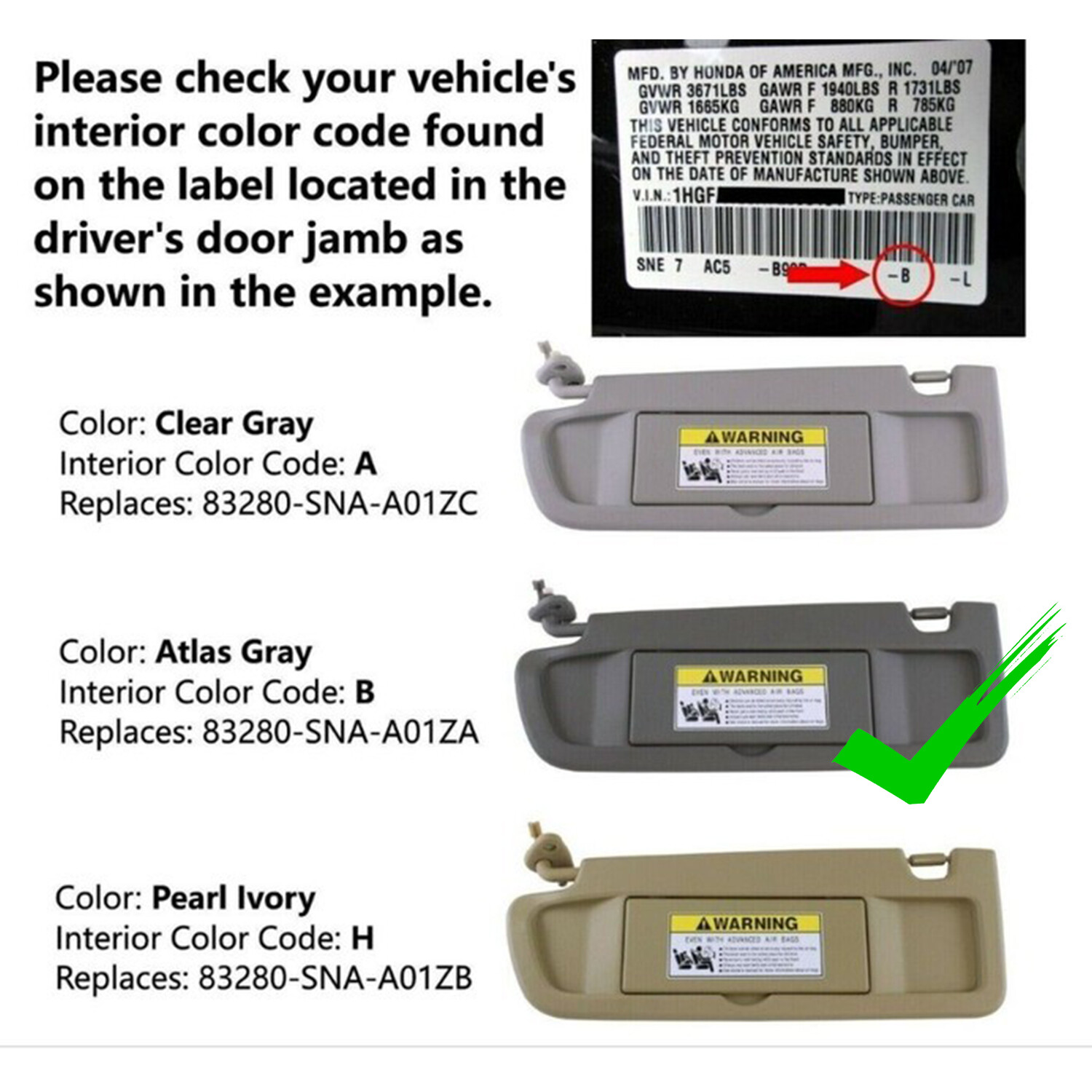 Sun Visor Dark Gray PAIR For 2006-2008 Honda Civic Left & Right Visor SET