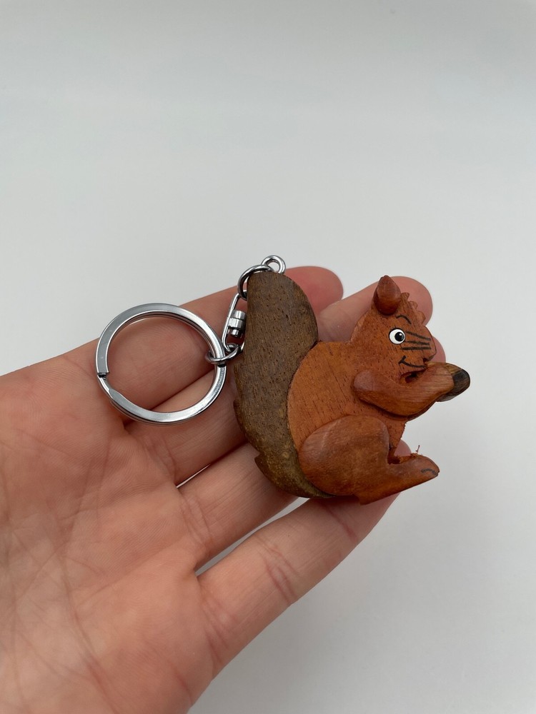 Handmade Wood Keychain Squirrel with Nut Tree Squirrel Wildlife Forest