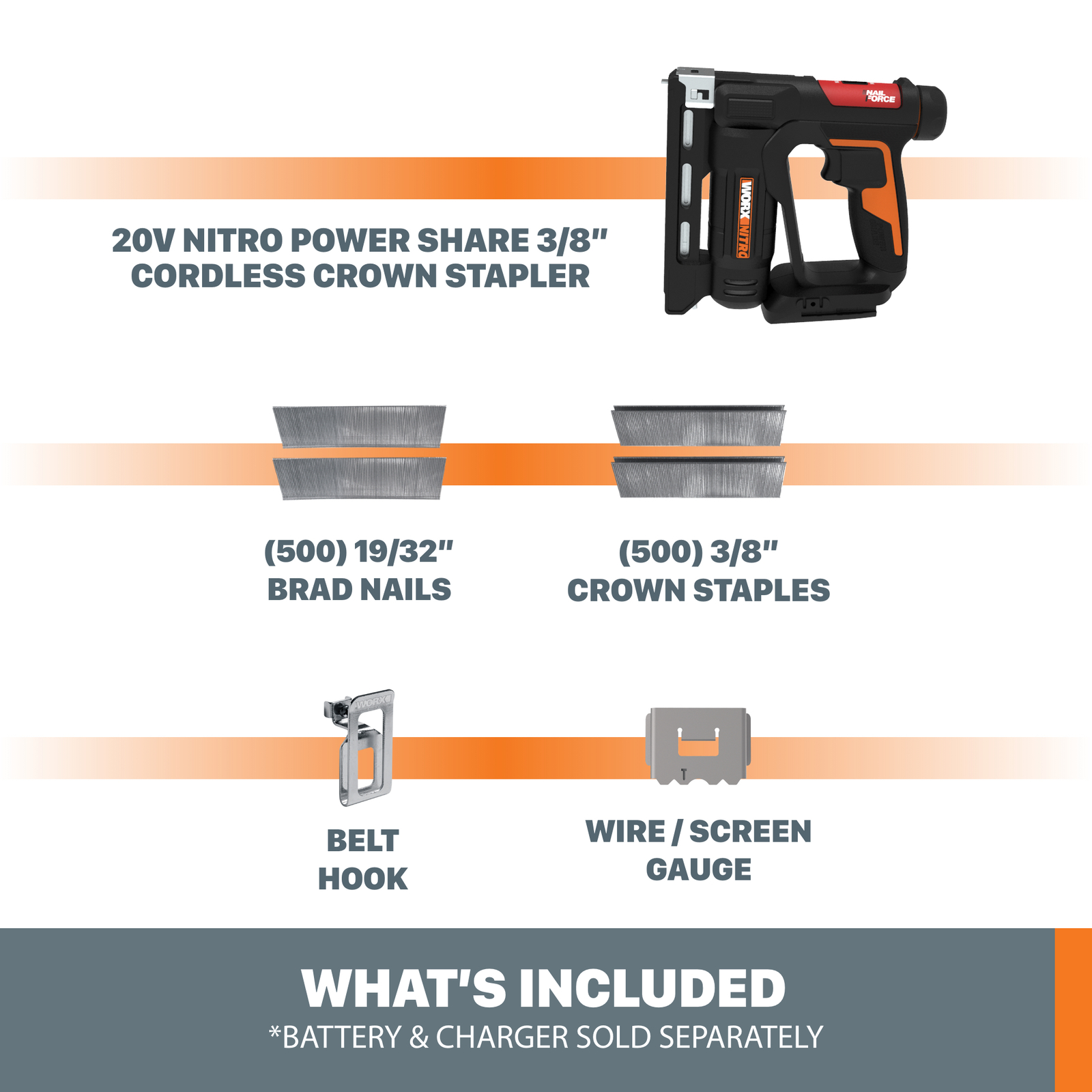 WX843L.9 Worx Nitro 20V 3/8" Crown Stapler w/ Air Impact (Tool Only/No Battery)