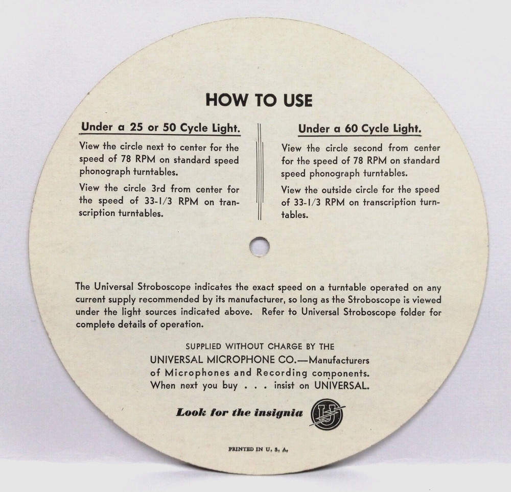 1944 UNIVERSAL STROBOSCOPE PHONOGRAPH & RECORDER TURNTABLE SPEED INDICATOR