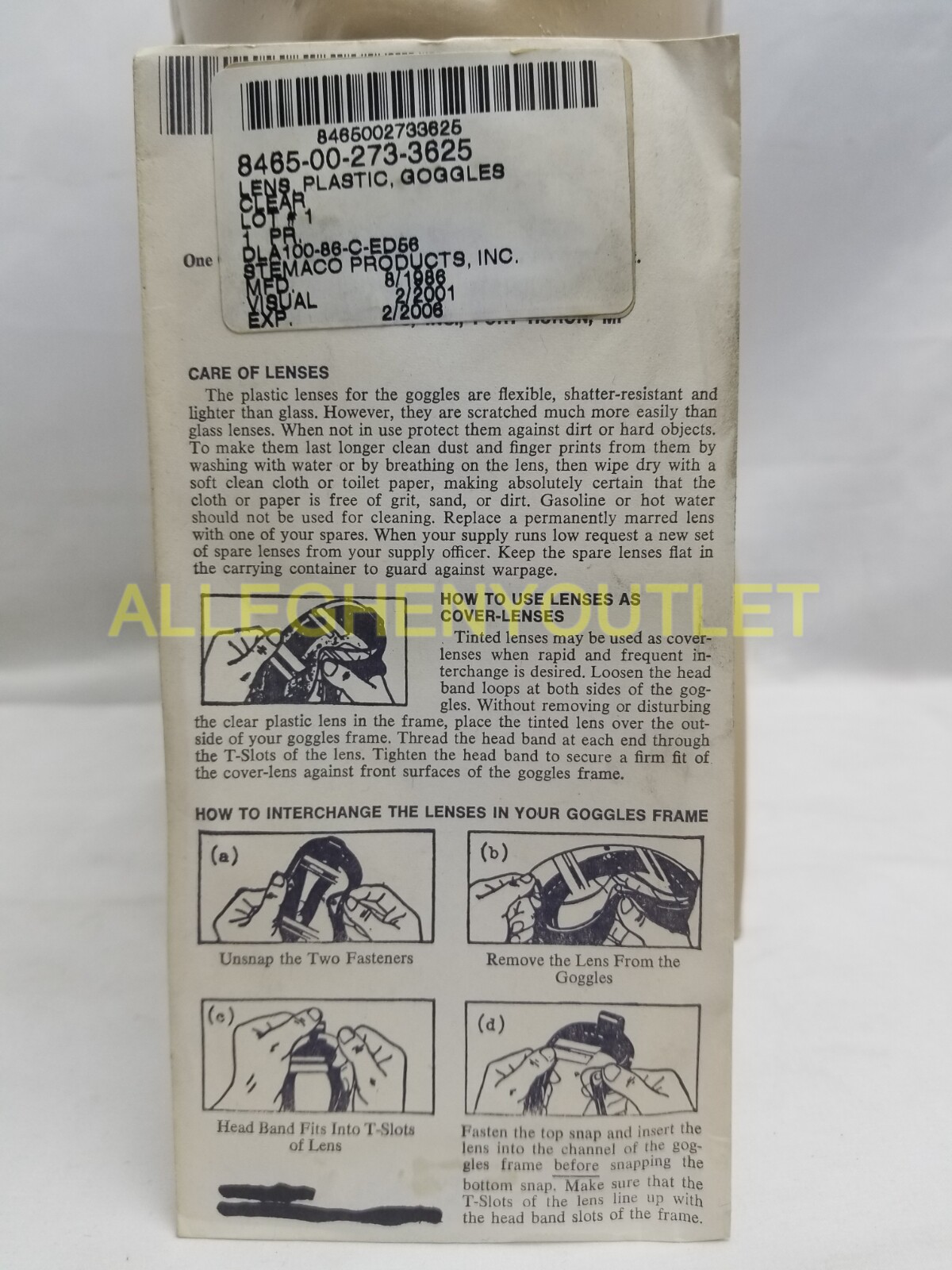 US Military Replacement Clear Lens for Sun Wind Dust Goggles Glasses, NIB