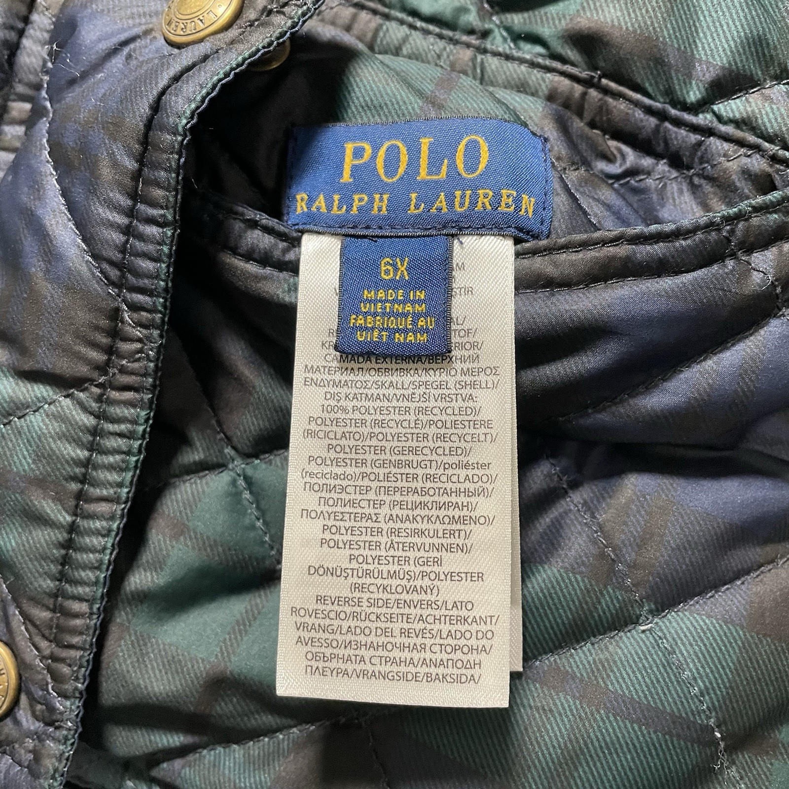 Polo Ralph Lauren Girls Kids 6X Reversible Quilted Plaid Jacket Snap Shield