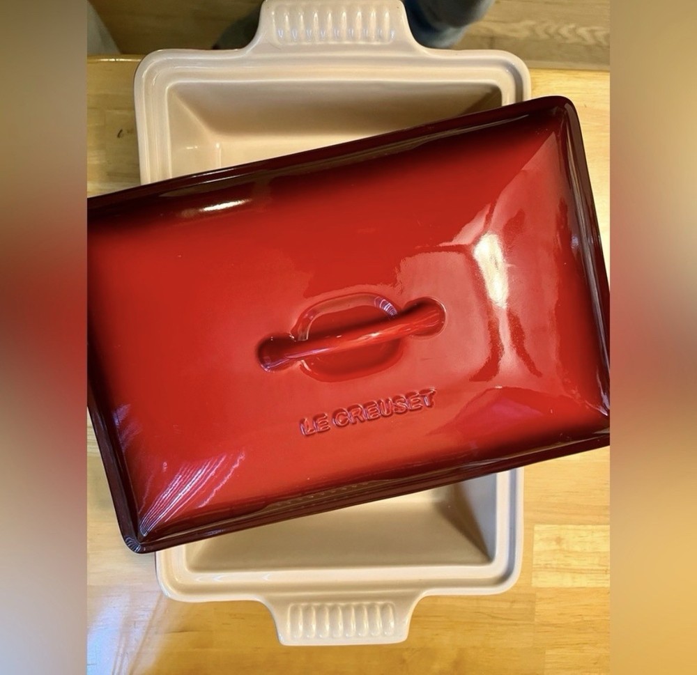 Le Creuset Ceramic Rectangular Casserole Dish Cerise Red White with Lid