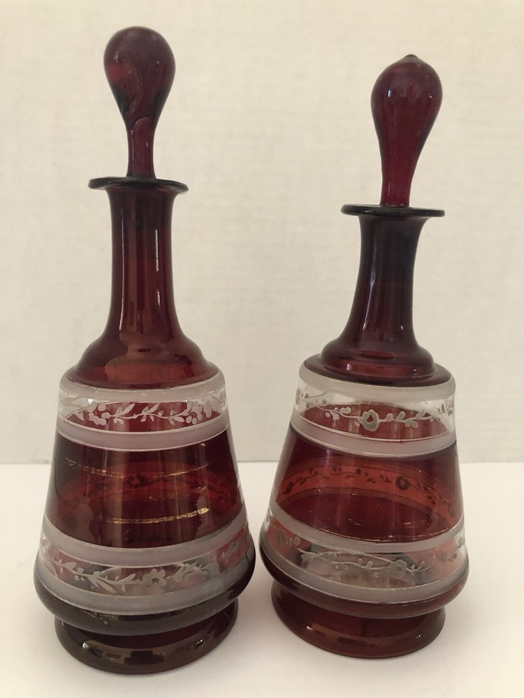Antique Bohemian Hand Blown Ruby Red Perfume Scent Bottles Pair