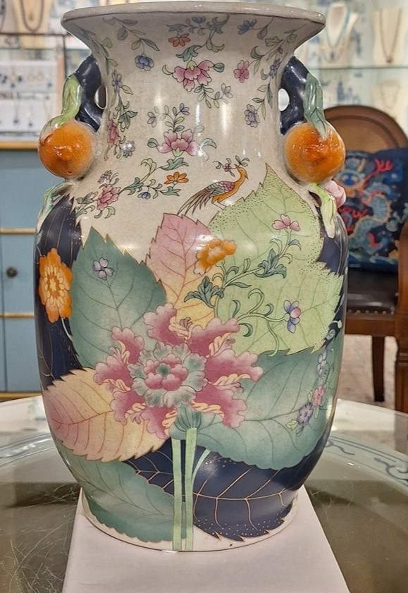 Chinoiserie Porcelain Tobacco Leaf with Pomegranate Handles-12.5''H