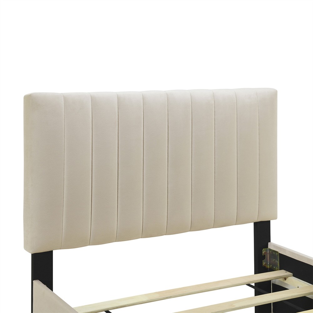 Twin Size Bed Frame Upholstered Platform Bed with Pull Out Trundle Beige/Pink