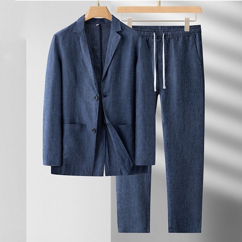 2 Pc Men Two Button Suit Summer Linen Causal Blazer Pants Coat Beach Jacket