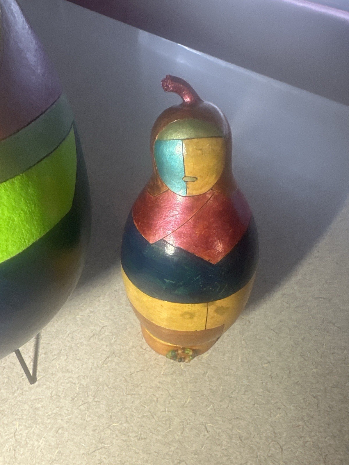 Modernist Painted Gourd Art Pair – Abstract Faces – Signed Folk Sculpture Set