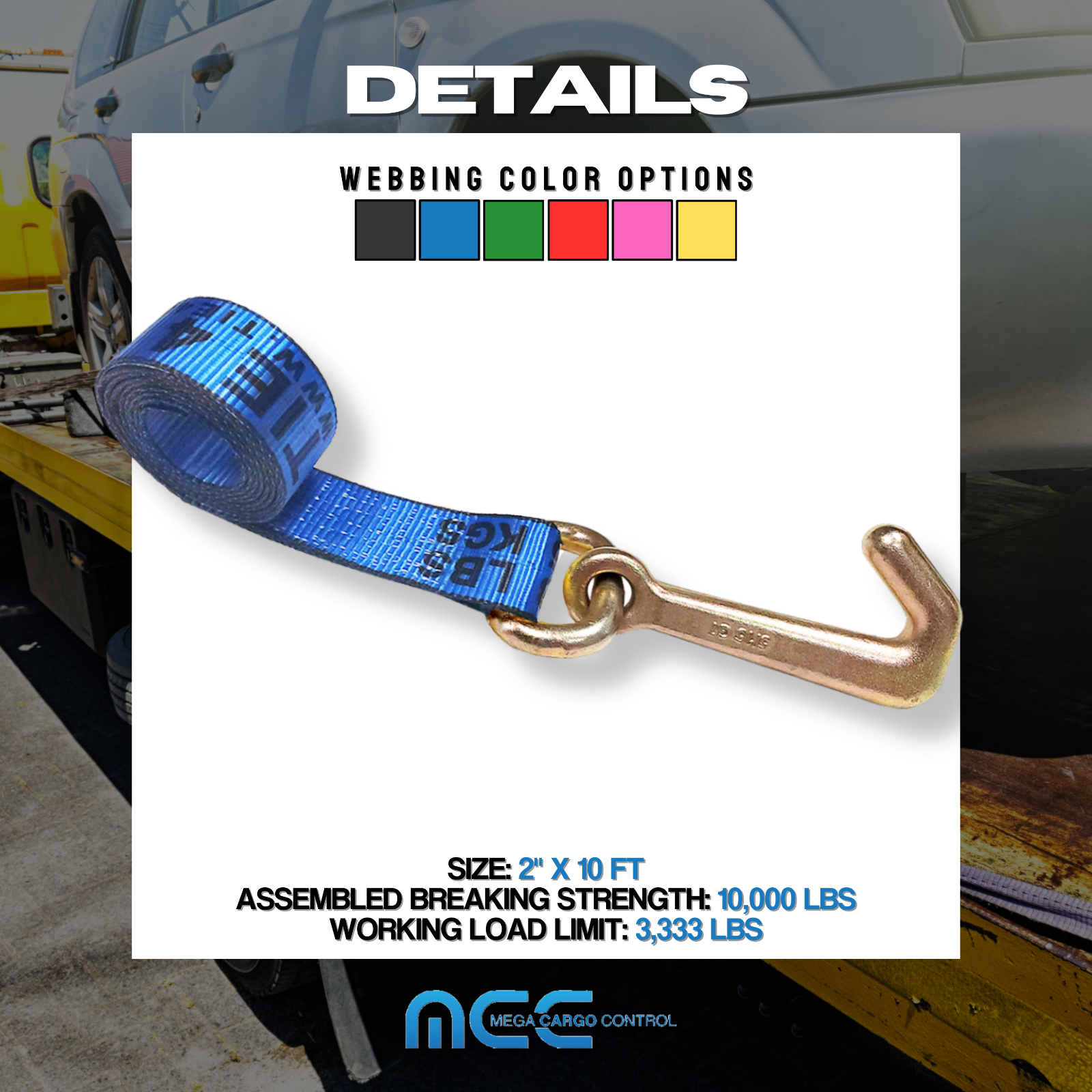 Heavy Duty G70 2" x 10' Mini J Hook Towing Trailer Wrecker Lasso Tie Down Strap