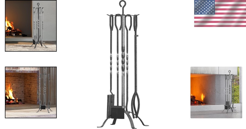 5-Piece Fireplace Accessory Kit in Pewter with Heavy-Duty Firepit Tools