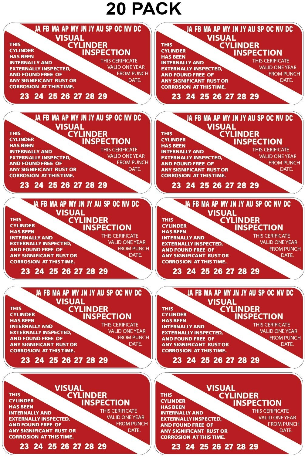 20 Pack of Scuba Tank Visual Inspection Stickers Years 2023-2029 1.75" x 3" p962