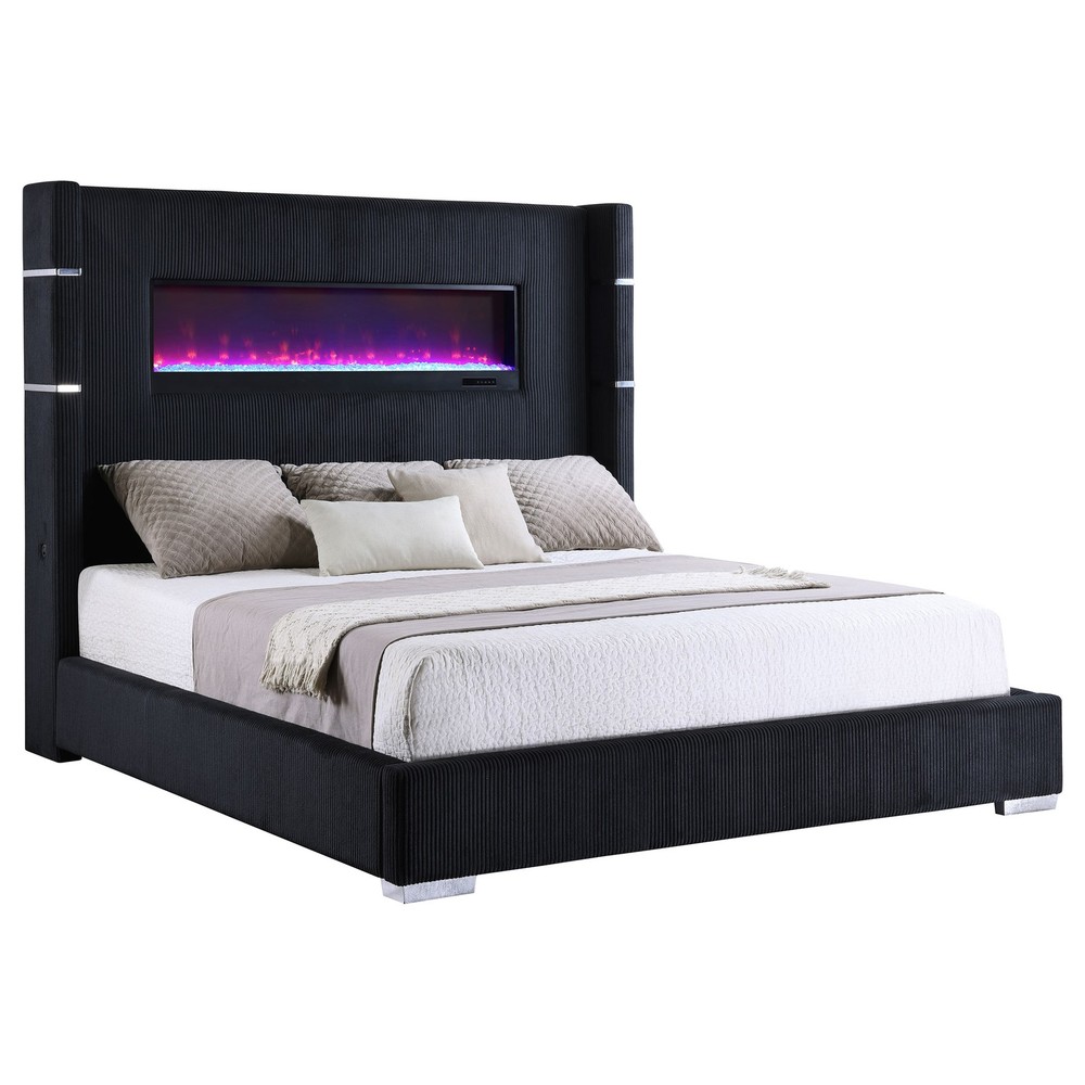 Judah Black Upholstered Queen Flame Visualizer Bed