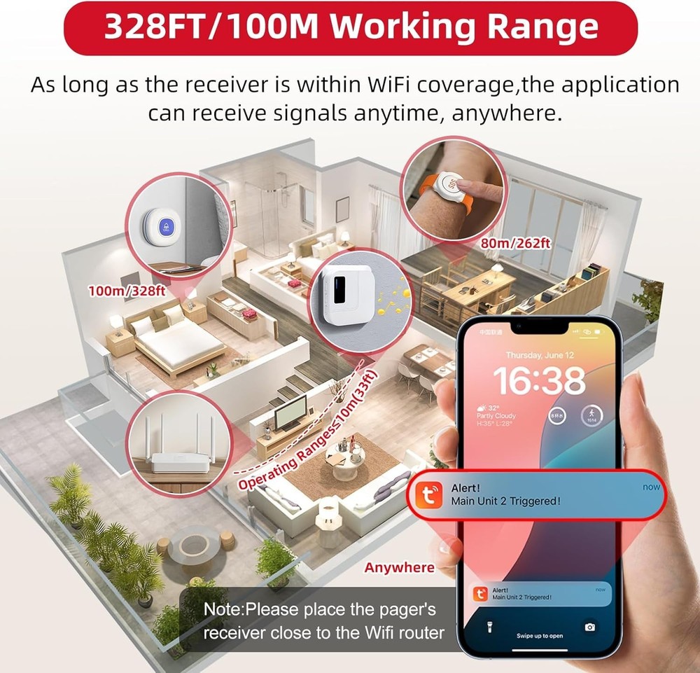 Wireless Caregiver Alert System for Elderly – 328ft Range & Family Notifications