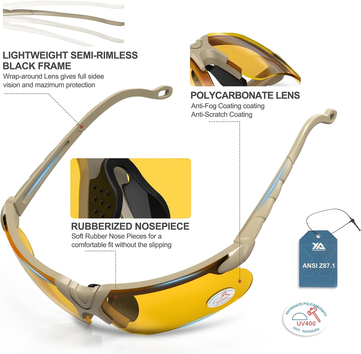 xaegistac Shooting Glasses with Case Anti Fog Hunting Yellow Lens-khaki Frame