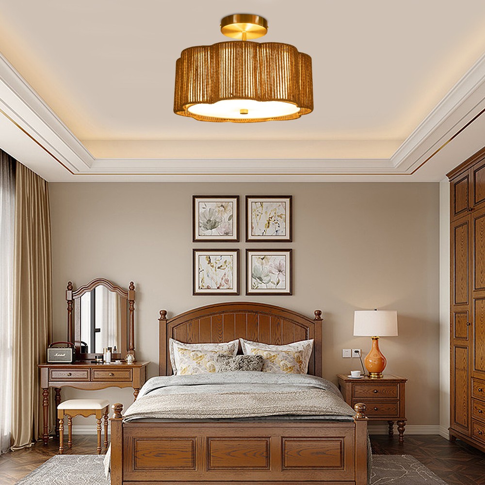 Rustic Ceiling Mount Rattan Light Ceiling Lamp Flush Mount Chandelier Fixture