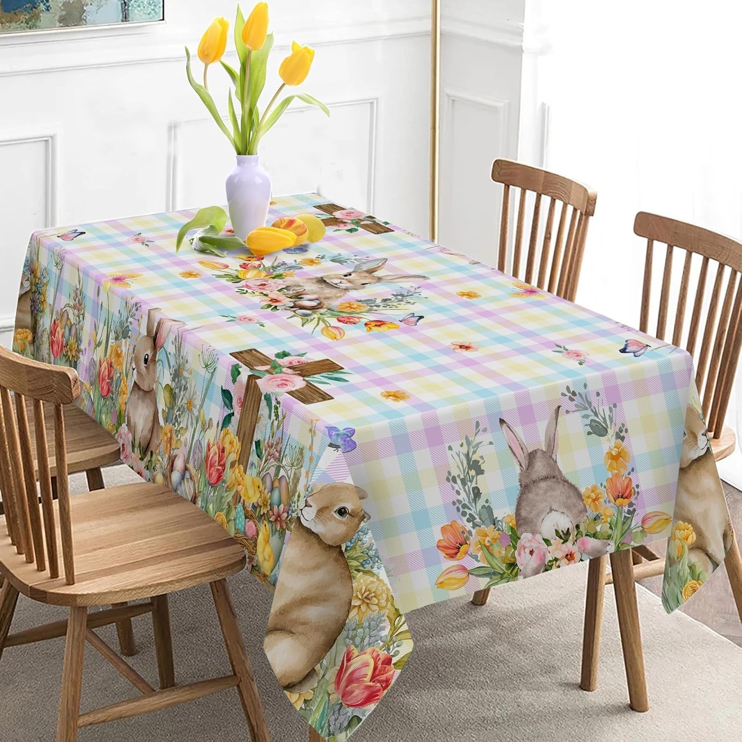 Easter Tablecloth, Easter Table Cloth Rectangle 60 X 84 with Bunny and Eggs, Buf