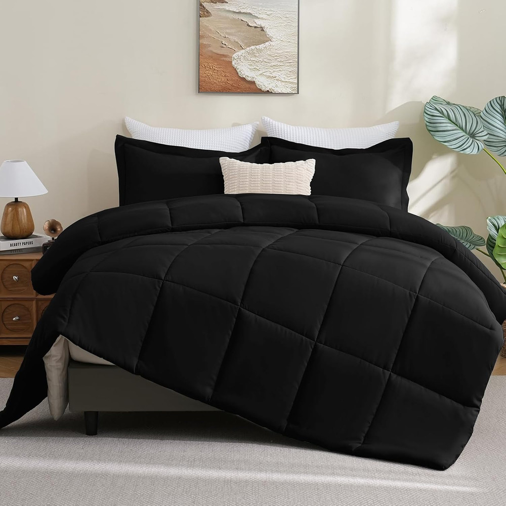 Full Size Comforter Sets - Black Comforter Full Size, 3 Pieces Box Stitched Bed