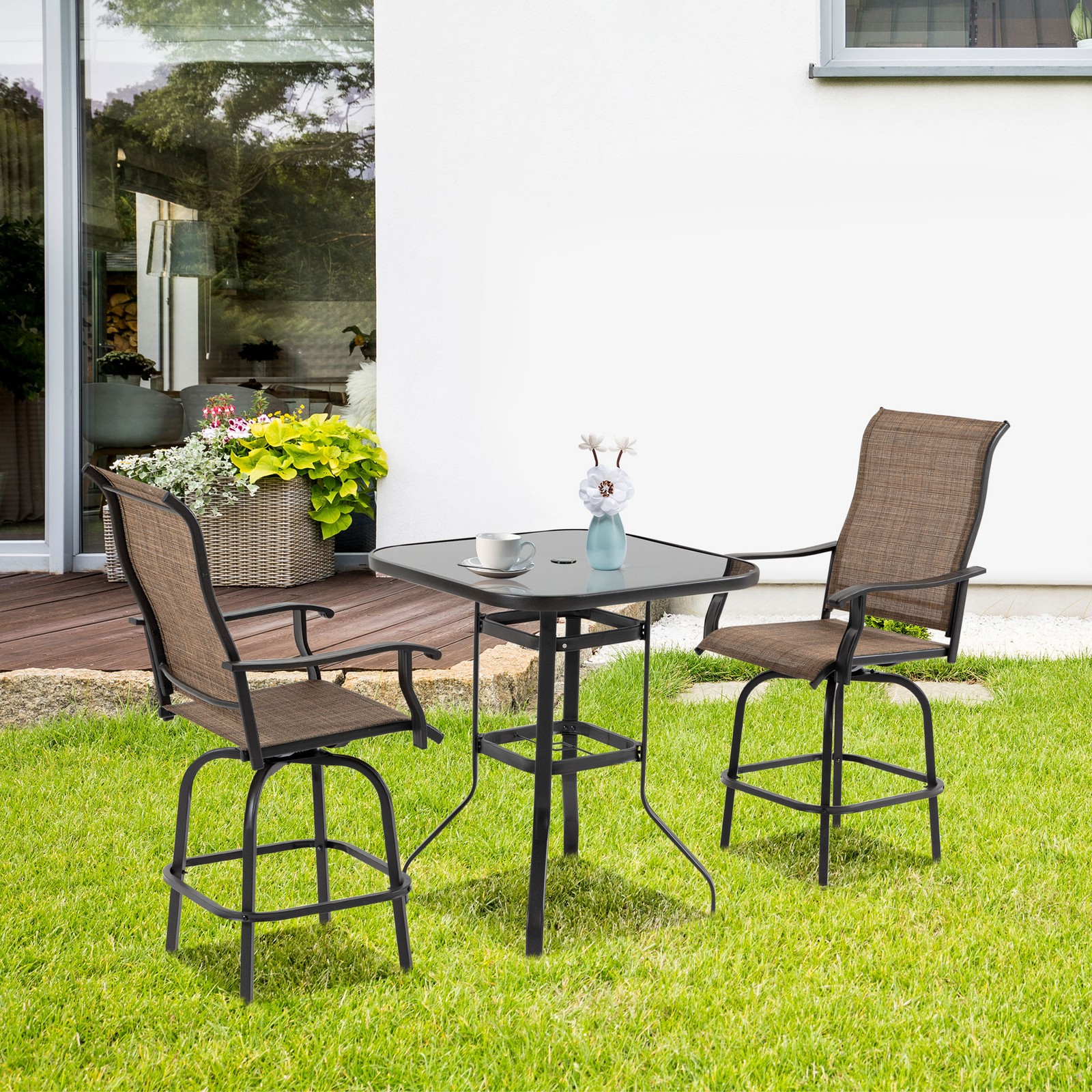 Set of 2 Outdoor Swivel Bar Height Stools High Top Patio Chairs Kitchen Outside