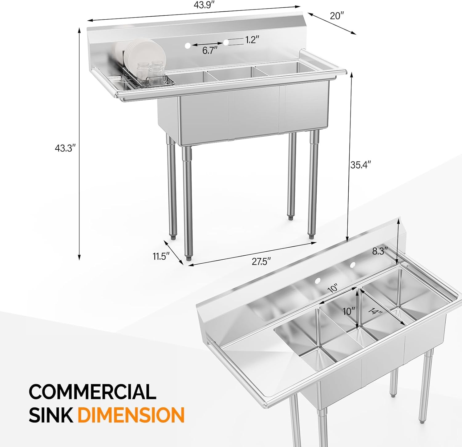 Commercial Sink, Stainless Steel with 3 Compartment and Left Side Drainboard NEW